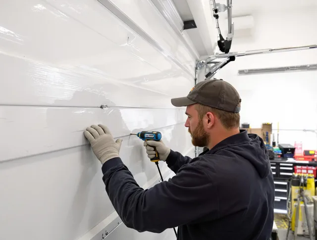 Cimarron Hills Garage Door Repair technician demonstrating precision dent removal techniques on a Cimarron Hills garage door